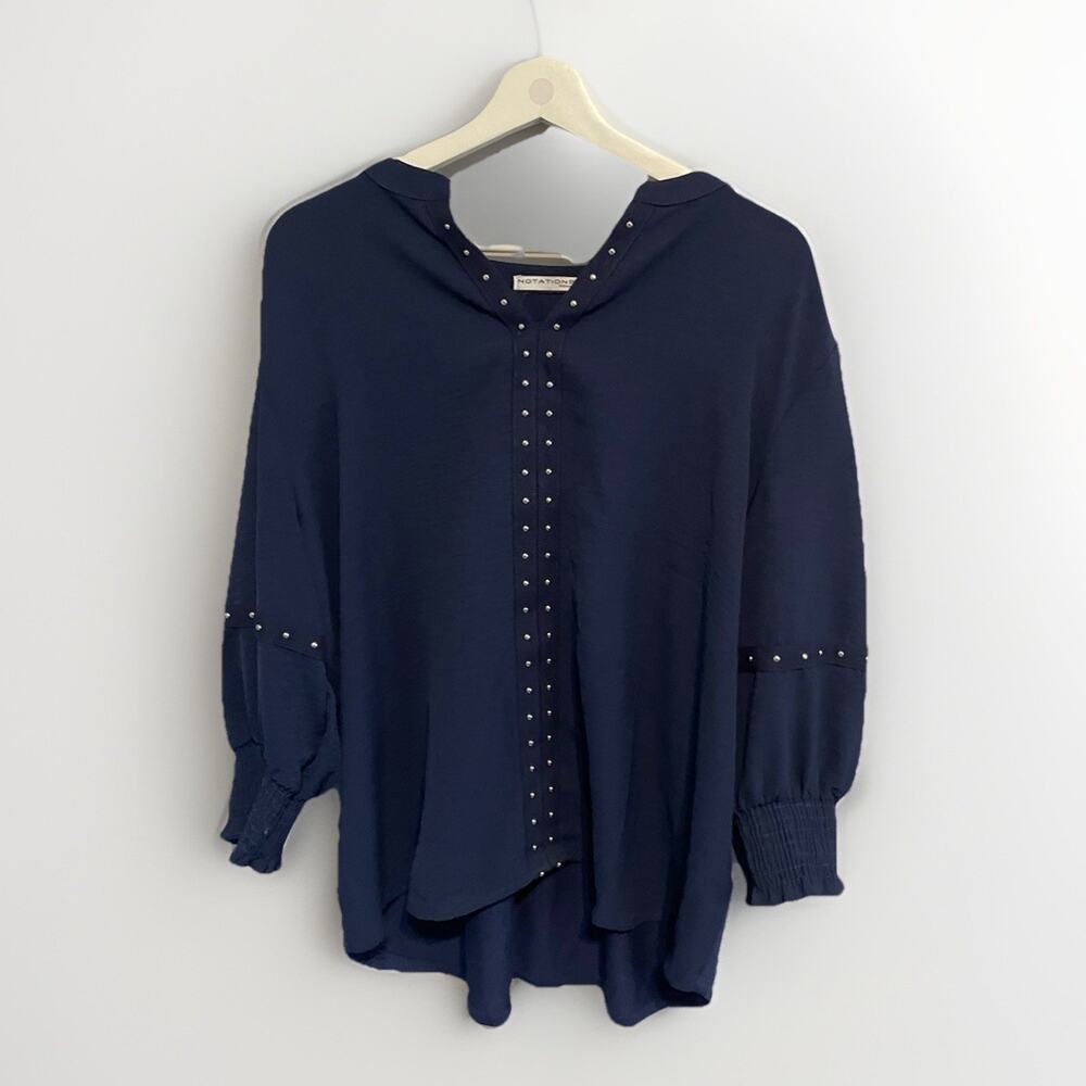 Notations Women's Long Sleeve BLouse Top Navy Blue Size 1xl
